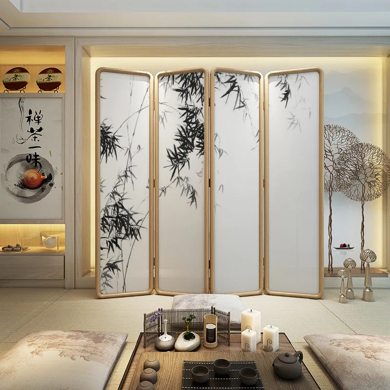 New Chinese screen partition entrance porch blocking tea room sofa foldable mobile solid wood bamboo curved folding screen