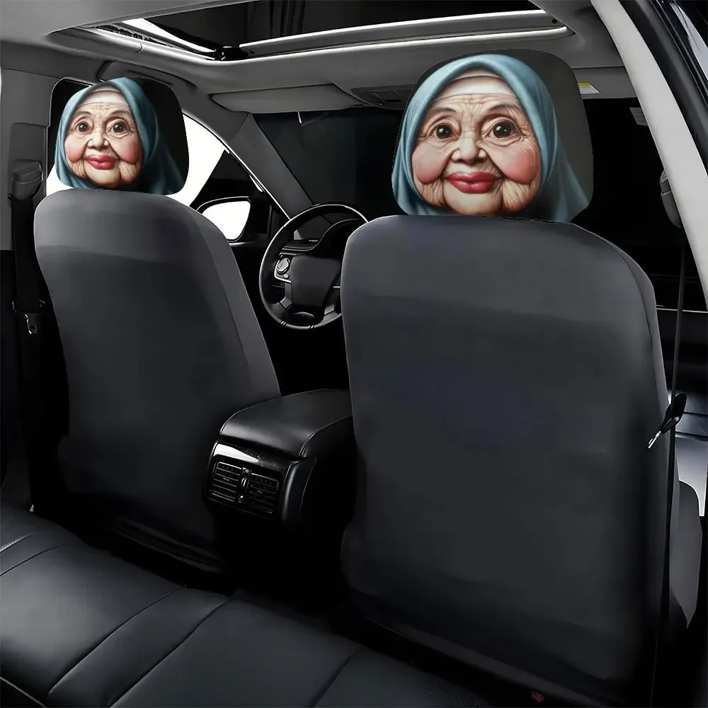 2pcs Cartoon Old Lady Print Headrest Covers Breathable Soft Daily Car Seat Headrest Covers