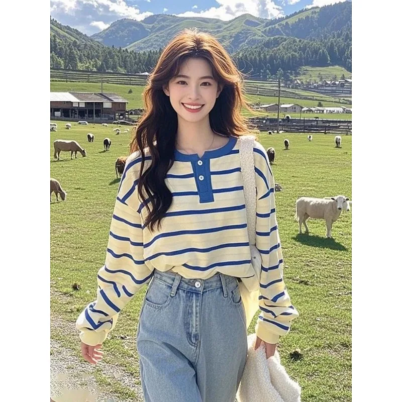 المألوف الكورية نمط الأزرق مخطط بأكمام طويلة تي شيرت للنساء الخريف جديد فضفاض ومتعدد الاستخدامات #3