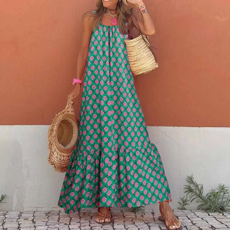 Women Summer Casual Loose Dresses Bohemian Floral Sleeveless Maxi Dress Sexy Spaghetti Strap Backless Sundress Beach Vacation