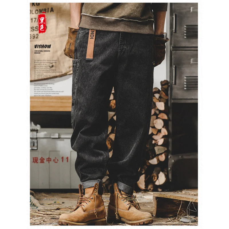 

Американские джинсы в стиле ретро, мужские осенние уличные модные брюки-карго, мужские свободные брюки больших размеров, прямые широкие брюки