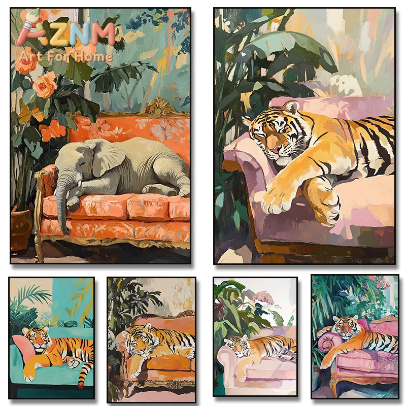 1pc framless Canvas Painting Majestic Tiger Sleeping Sofa Poster Art Elephant Floral Couch Canvas Painting Print Wall Picture fo