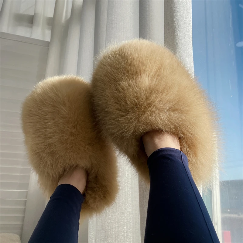 New Arrival Soft Luxury Brown Brown Big Size Raccoon Fur Slides Fox Fur Slippers