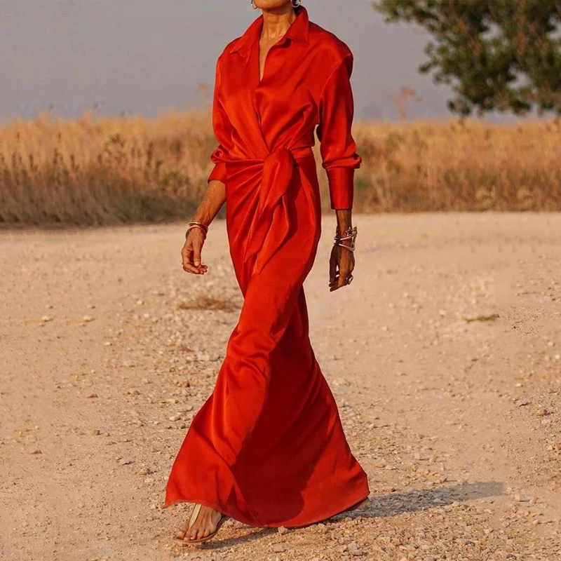 여성용 우아한 셔츠 원피스 단색 폴리에스터 셔츠, 원피스 라펠 긴팔 묶음 허리, 느슨한 맥시 드레스, 2024 신상