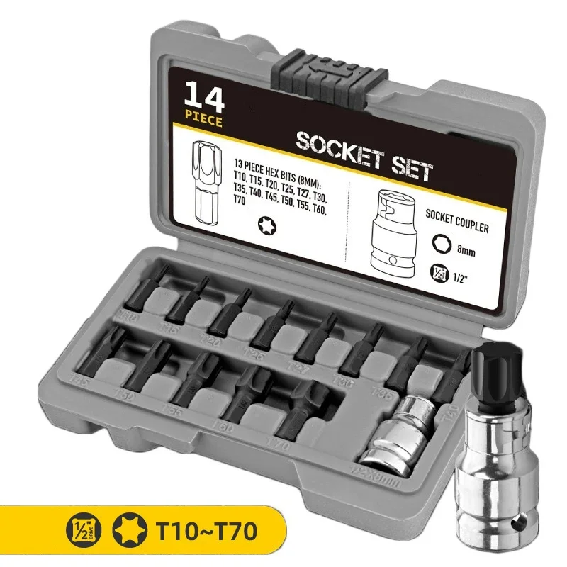 

T10-T70 Socket Set For Torx Bit Head Ratchet Wrench 1/2 Inch Drive Screwdriver Head Tool For Automotive-Home For Torx Socket Bit