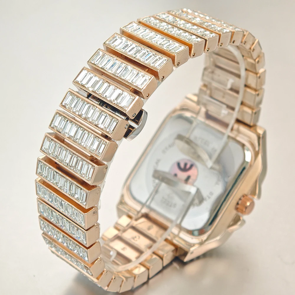 ساعة UNIGUET Rose Ice Square للرجال من الفولاذ المقاوم للصدأ ساعات كوارتز فاخرة للرجال هيب هوب مستطيلة من الماس والمجوهرات