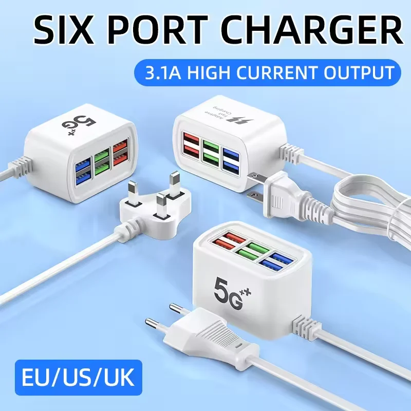 Universal 6 In 1 Ports USB Charger Fast Charging Power Strip Adapter Quick Charge For iPhone 15 16 Xiaomi Wall Charger Sockets