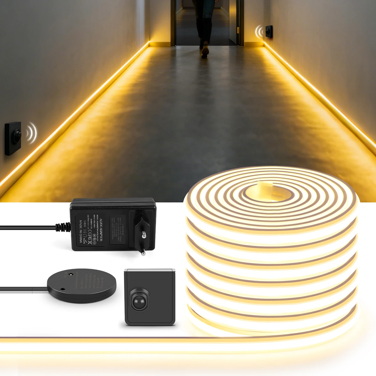

Both Ends Motion Sensor Switchs 24V COB LED Strip Light Neon Silicone Tube Stickable Tape For Stairs, corridors Home Night Light