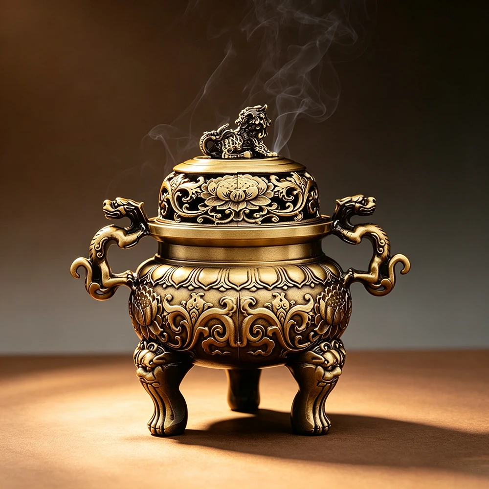 Brass Beast Head Incense Burner, Buddha Hall Tea Ceremony Three-Legged Aroma Burner, Antique Copper Ornaments, Home Decor Crafts