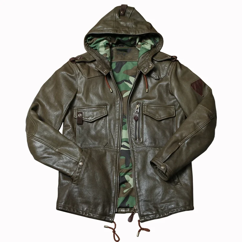 Army Green Autumn Hood Leather Jacket Men Retro Safari Style Plus Size 5XL Natural Sheepskin Slim Fit Genuine Leather Coat