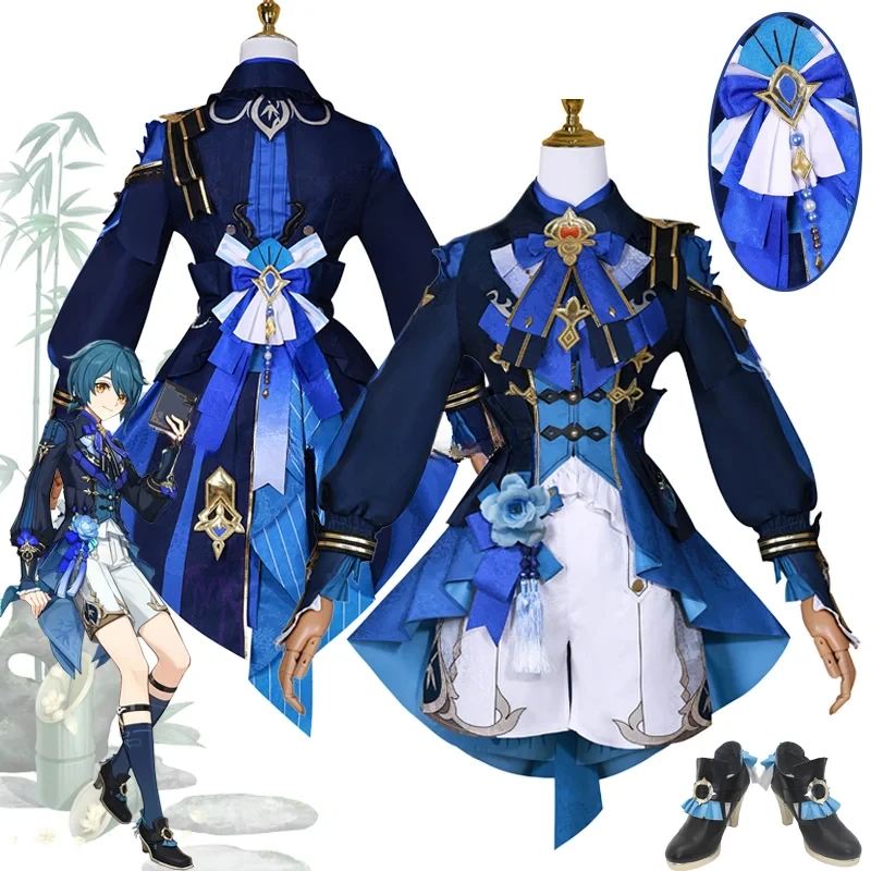 

Game Genshin Impact Xingqiu Cosplay New Outfit Costume Bamboo Rain Cosplay Costume Shoes Uniform Role Play Halloween Carnival