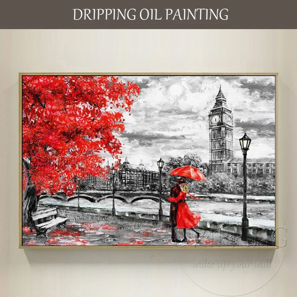 

Unframed Wall Art Red Umbrella and Dress Lady with Man Oil Painting Hand-painted Landscape London Lover Acrylic Knife Painting