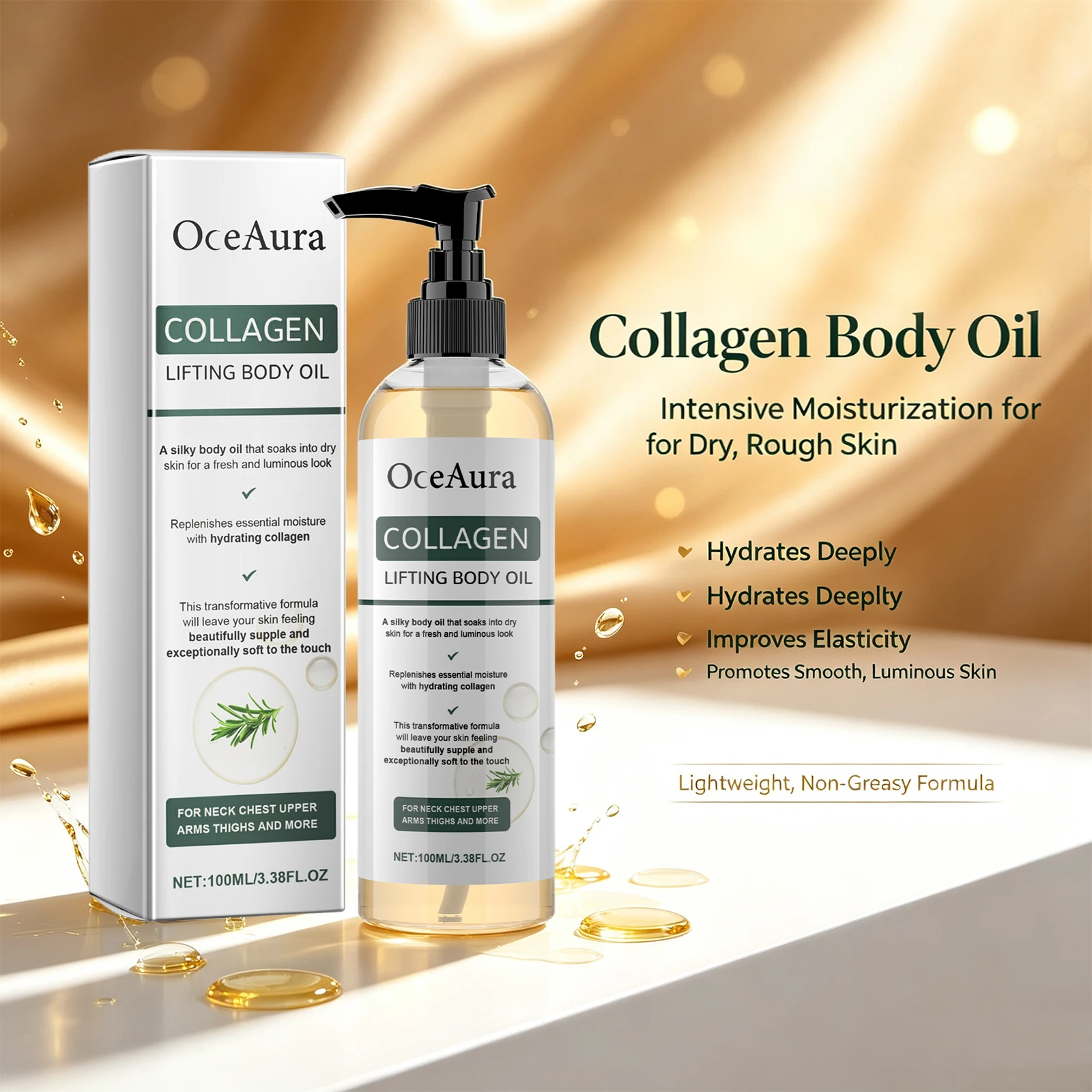 Collagen Firming Body Oil for Dry Rough Skin Improves Skin Elasticity Moisturizing Skin Care Oil for Neck, Chest, Arms & Thighs