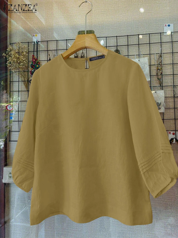 

ZANZEA Day Wear Casual Blouses O-Neck Summer 3/4 Lantern Sleeve Cotton Linen Blusas Mujer Woman Pintuck Cuffs Solid Color Tops