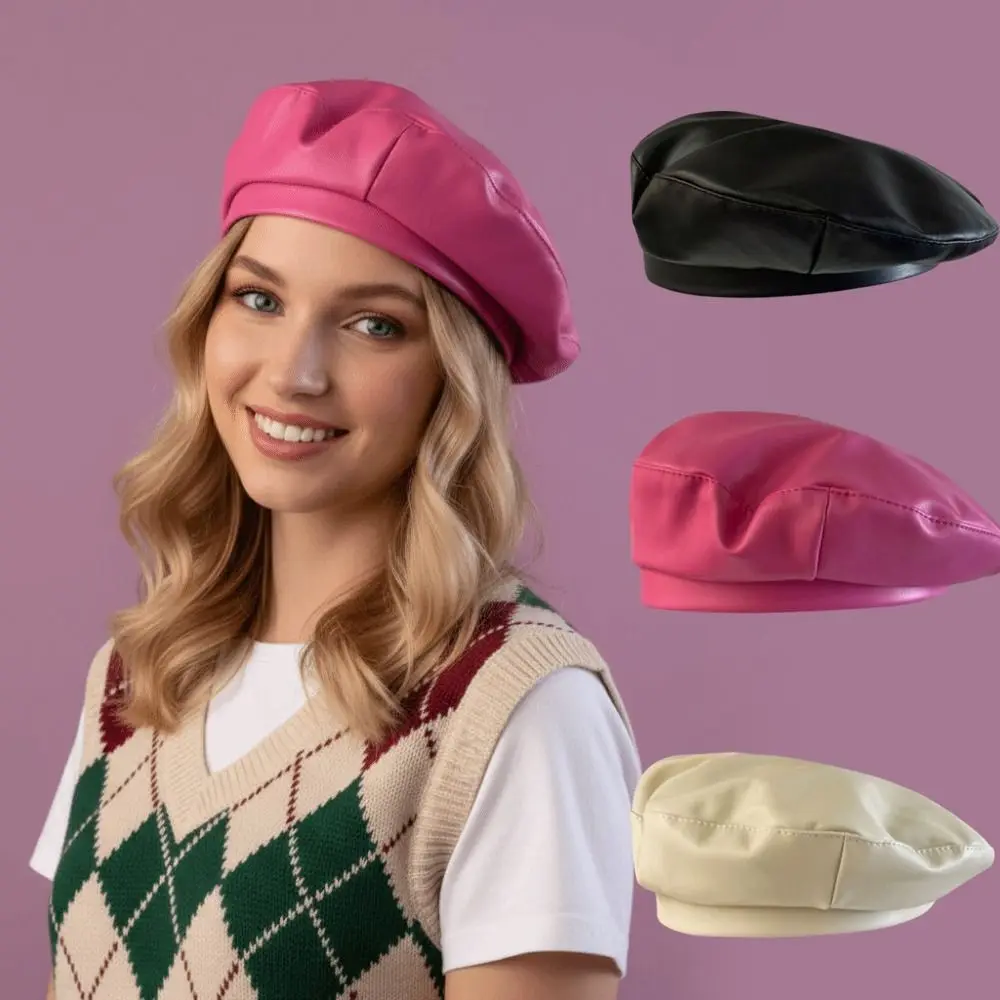 หมวกเบเร่ต์ PU สีพื้น สไตล์เรโทรอังกฤษ ทรงแบน สไตล์เกาหลี Y2K สำหรับสาวๆ