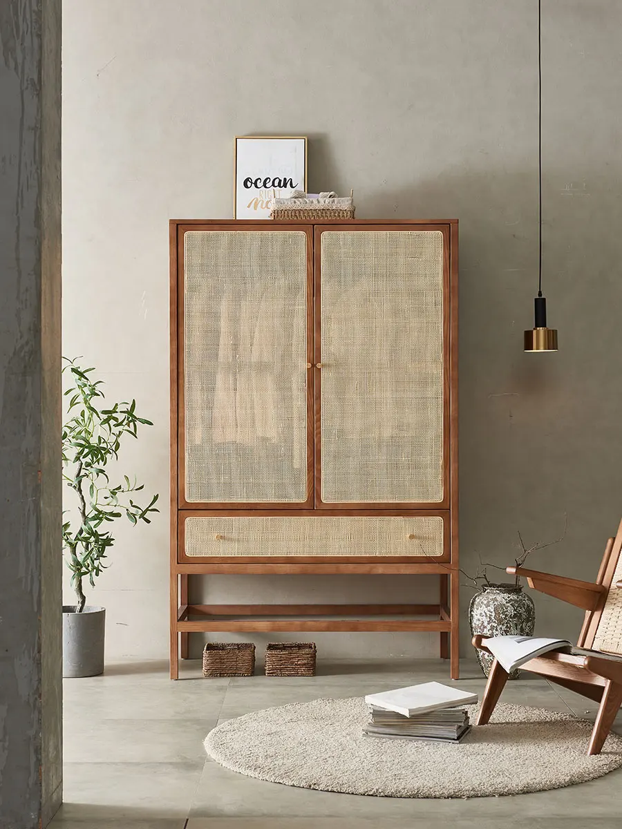 

Nordic Solid Wood Rattan Wardrobe Simple Modern Storage Locker Bedroom Double Door Coat Cabinet