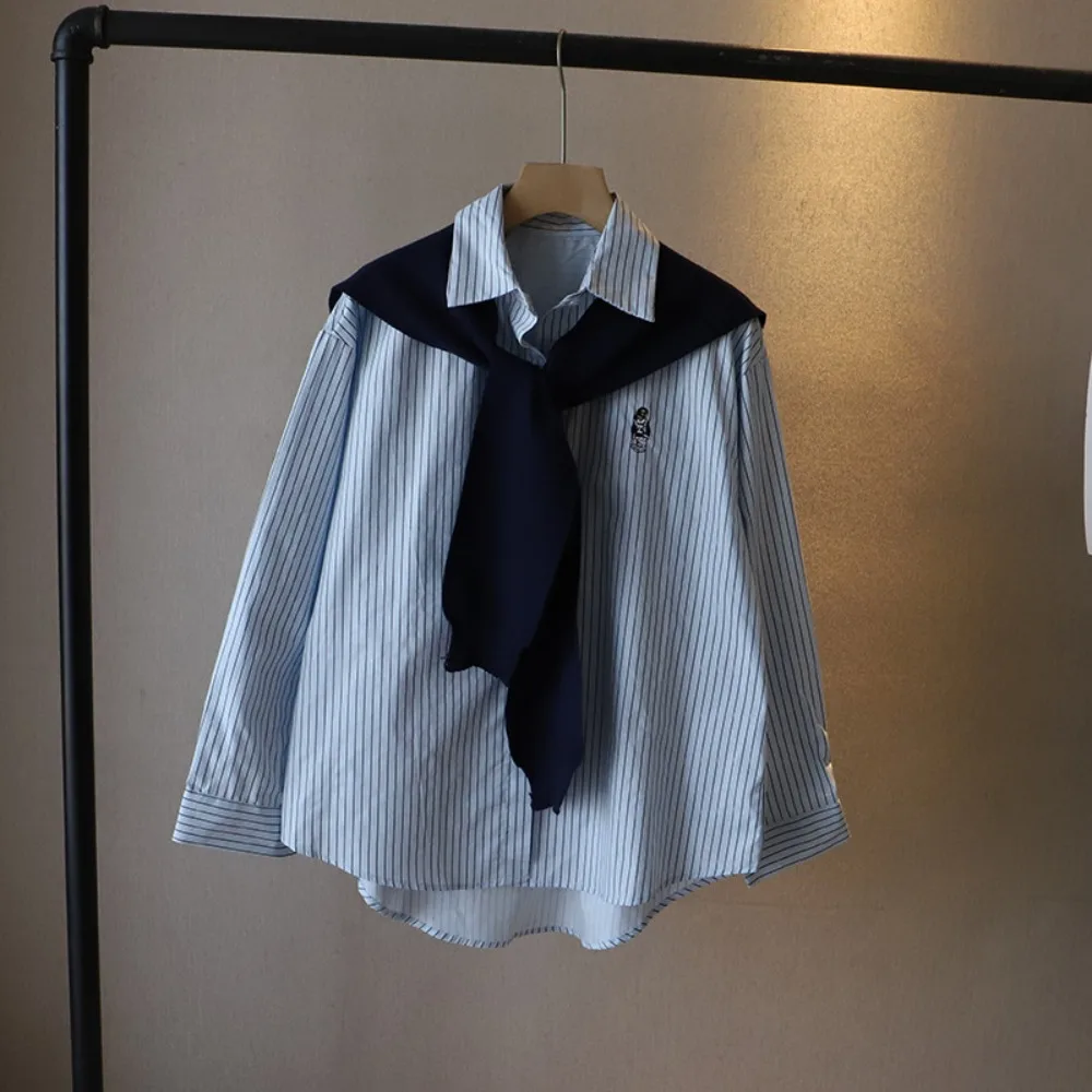 

Sweet Y2K Striped Shirts Women Button Up Embroidery Bear Long Sleeve Blouse Loose Preppy Style Knitted Shawl Shirts Streetwear