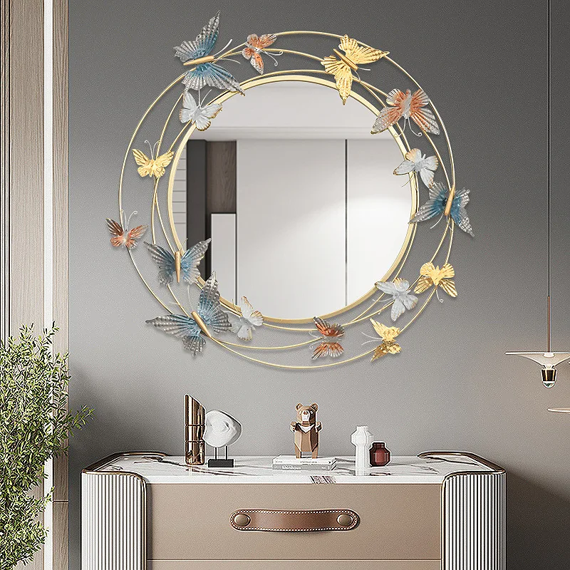 French Light Luxury Carved Butterfly Bronze Mirror Household Wall Hanging Decoration Living Room Porch Round Decorative Mirror