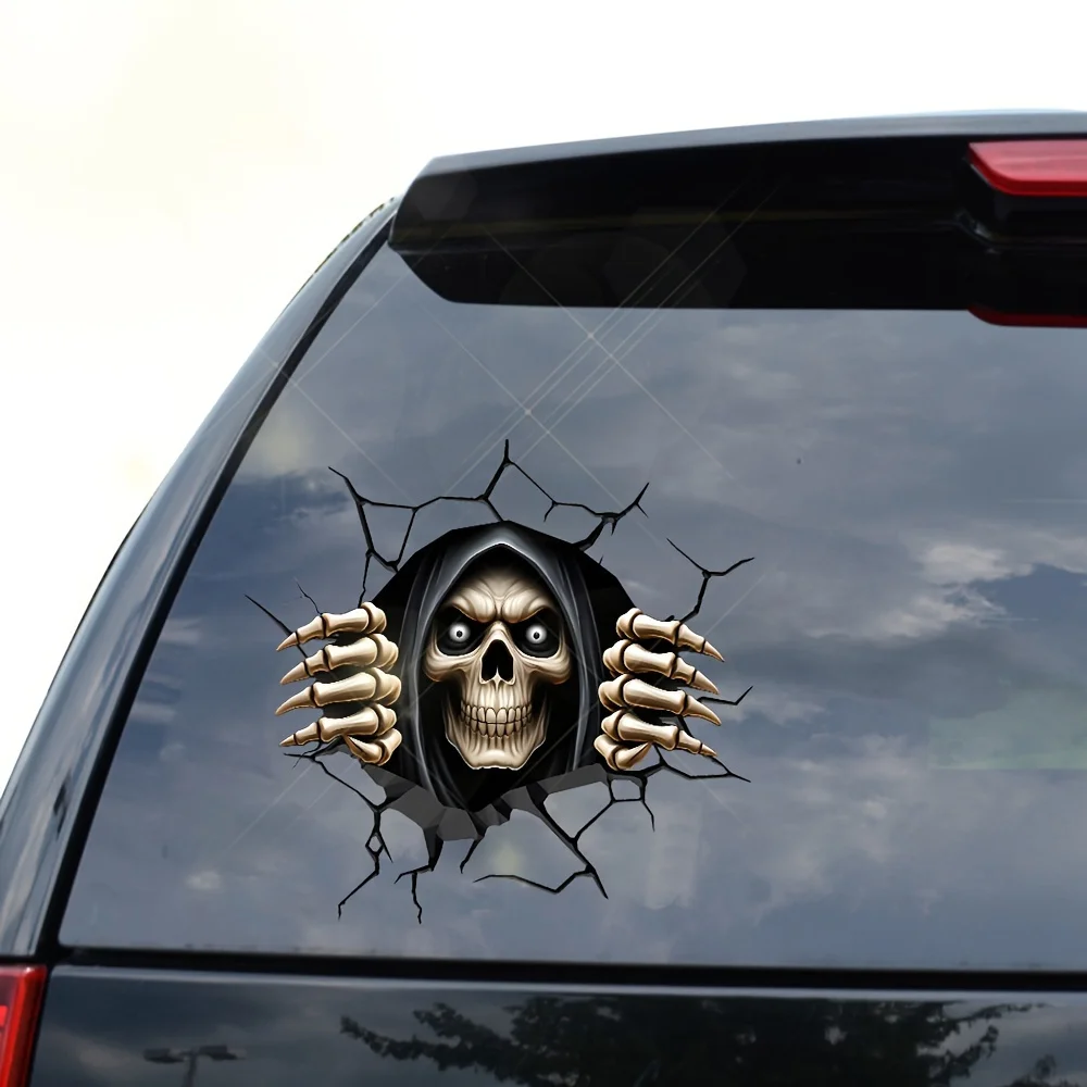 Ghostly 3D Skull Peeking Applique-Double-Sided, Waterproof PVC Automobile Sticker Skull Hoodie Design Laptops and Walls-Durable