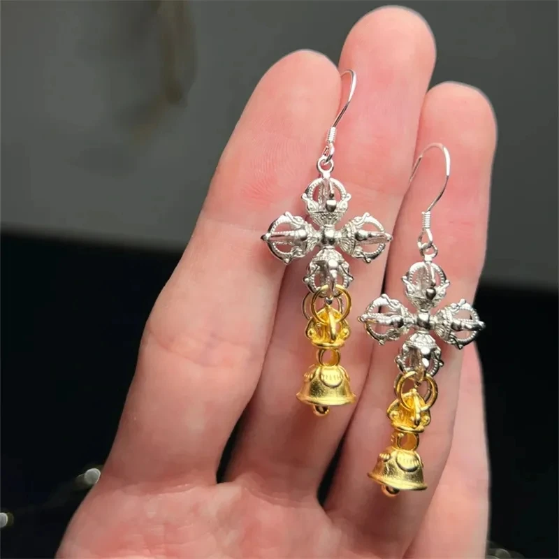 

Retro Tibetan Ethnic Style Cross Bell Pestle Earrings Niche Light Luxury High-end Unique and Personalized Earring Accessories