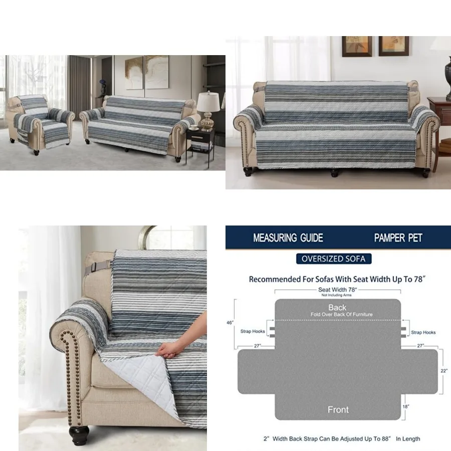 

Stripes Patchwork Couch Cover, Quilted X-Large Sofa Slipcover, 78" Seat Width, Slip Resistant Furniture Protector, 2" Strap, Wa