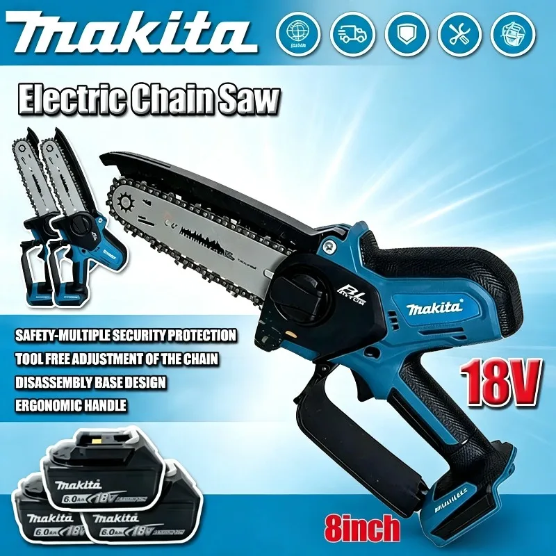 Image of Makita Akku-Kettensäge für Holzarbeiten mit kleiner handgehaltener 18V elektrischer 6-Zoll-Holzschneidesäge, tragbare Mini-Kettensäge
