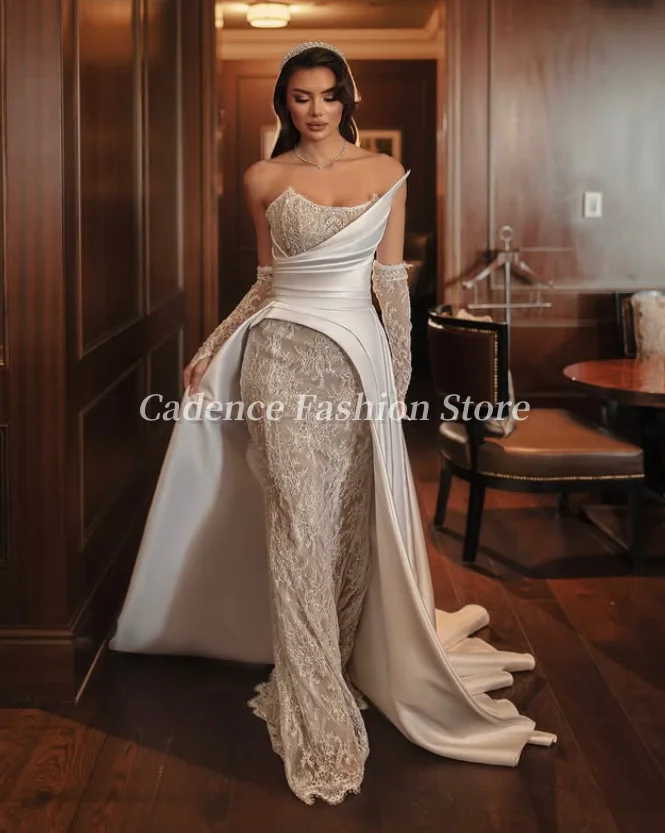 ที่กําหนดเองหรูหราสีขาวอาหรับชุดเดรสเมอร์เมดลูกไม้Applique Elegantความยาวชั้นแฟชั่นดูไบชุดเจ้าสาว 2025