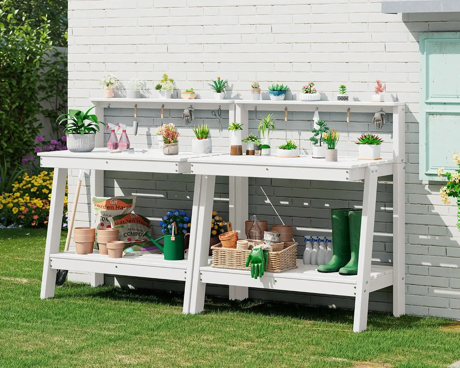 White 3-Tier Storage & Tool Hooks, All-Weather Heavy Duty Gardening Table with Angled Legs for Patio Backyard Garden, Set of 2