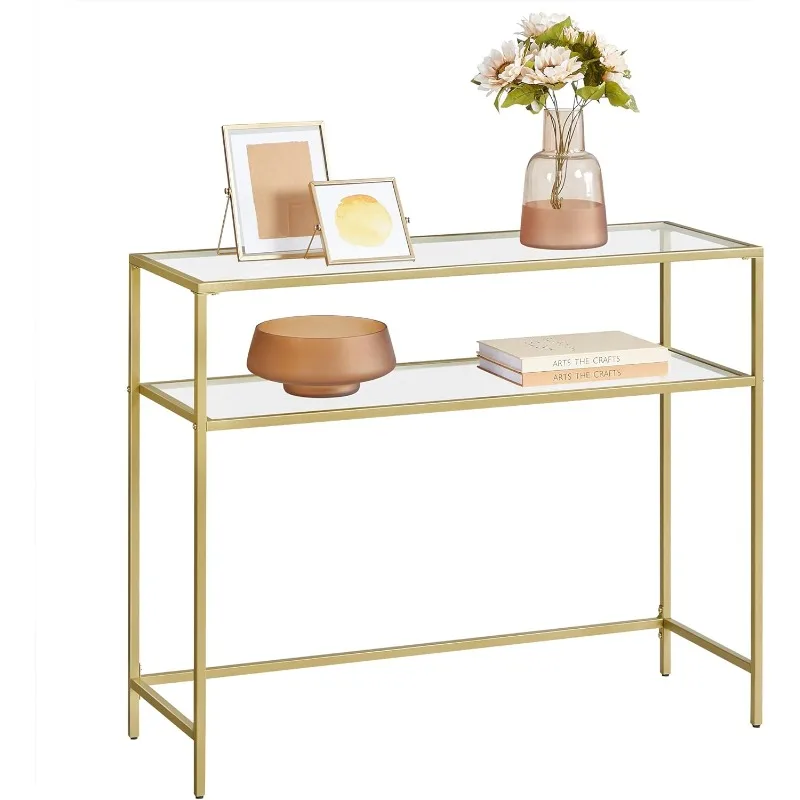 

39.4 Inch Console Sofa Table, Modern Entryway Table, Tempered Glass Table, Metal Frame, 2 Shelves, Adjustable Feet