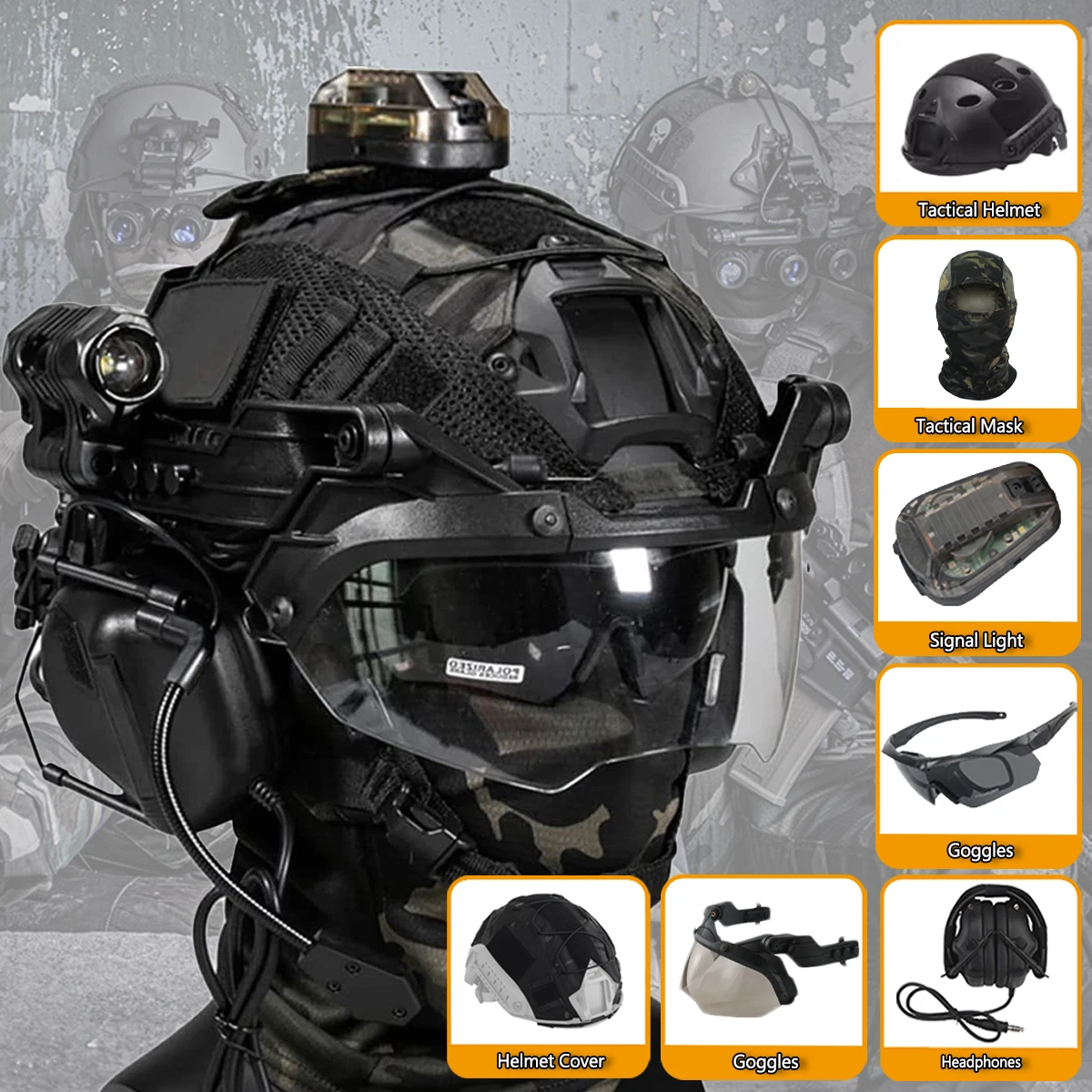 Airgun Quick Helmet Set with Tactical Earphone Helmet Cover for Soft Bullet Paintball Shooting Game Outdoor Hunting Movie Props