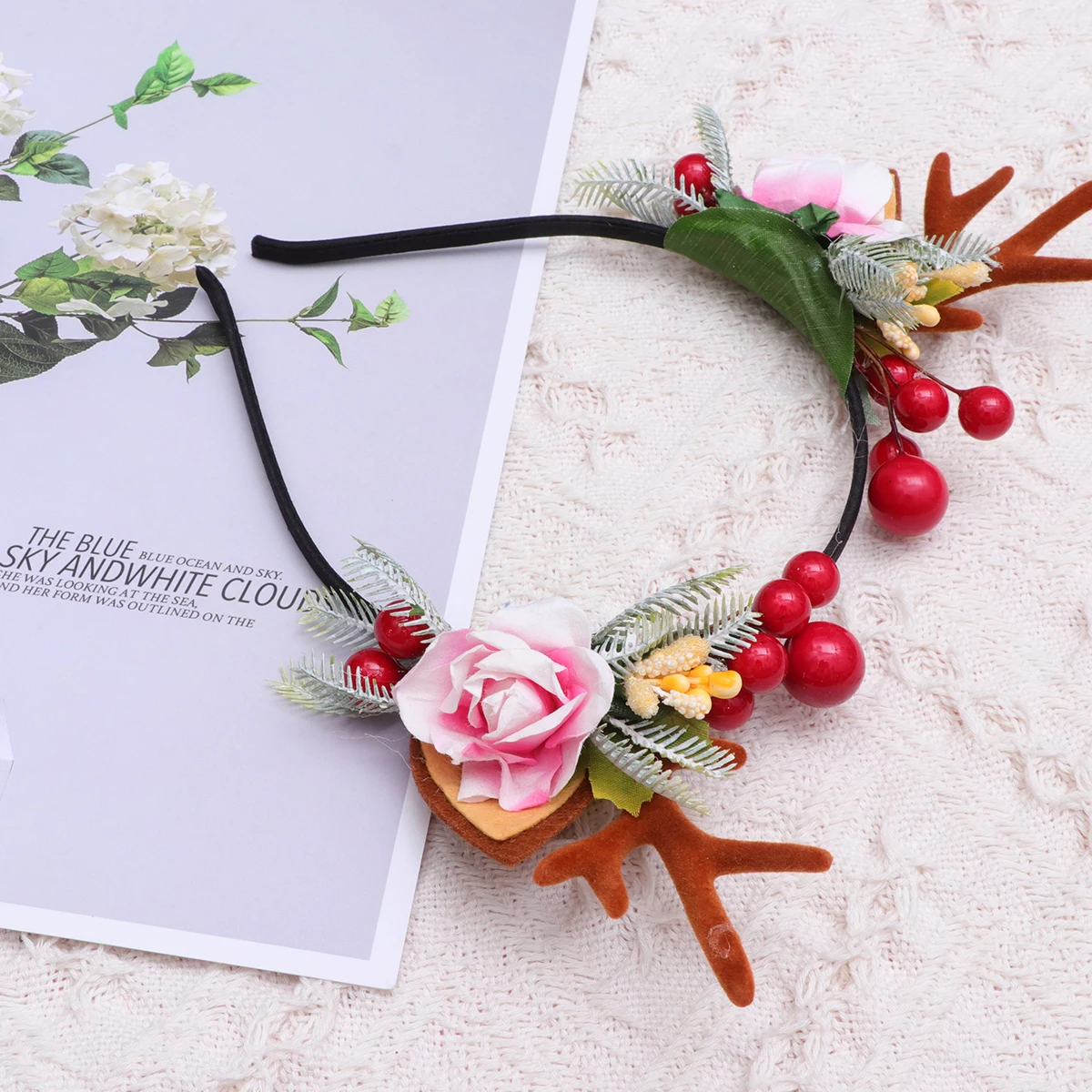 

1Pcs Festive Christmas Headband with Antlers Flower Decor for Ladies Style Party Wear Comfortable Light Weight