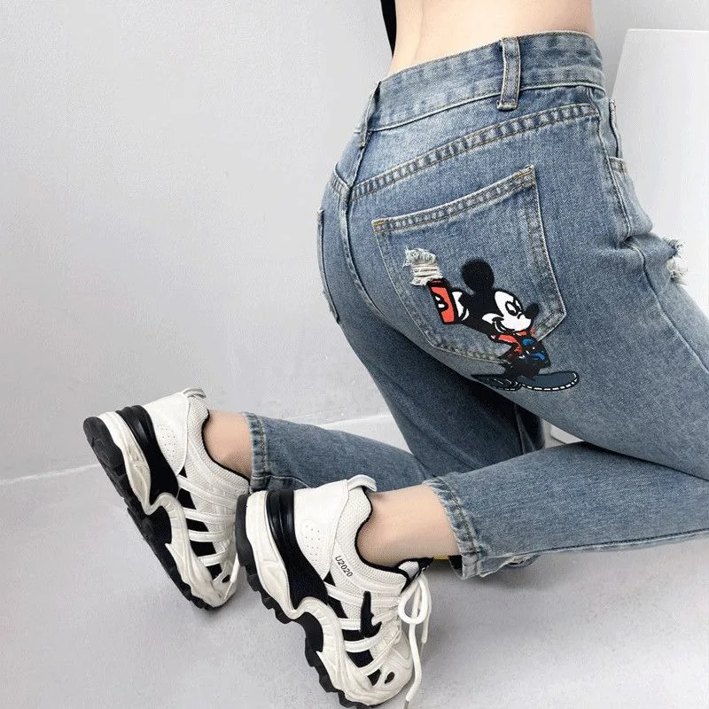 Jeans strappati topolino nuovo cartone animato da donna topolino stampa sciolto dimagrante a vita alta pantaloni harem alla moda che riducono l\'età