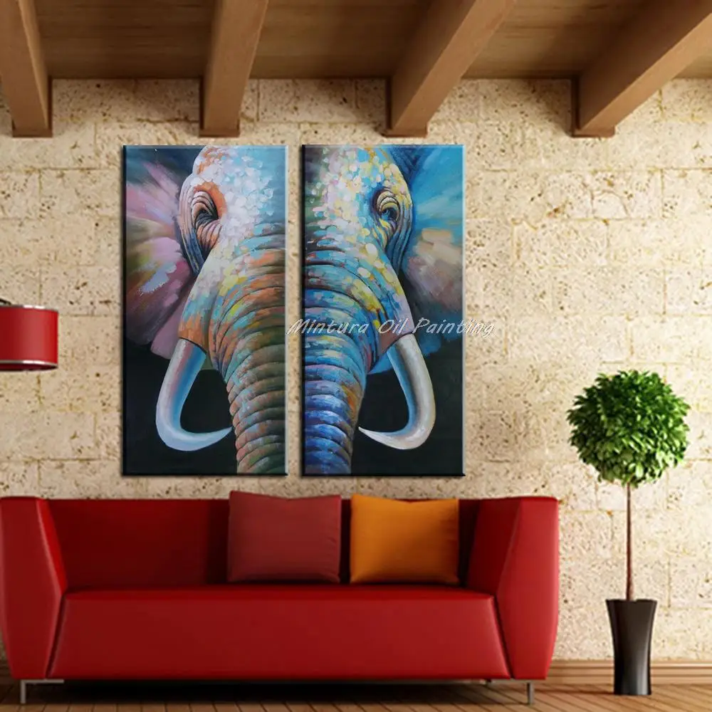 Mintura Hand-Painted Elephant Oil Painting On Canvas,Handmade Animal 2Pcs Pop Art Wall Pictures For Living Room,Home Decoration