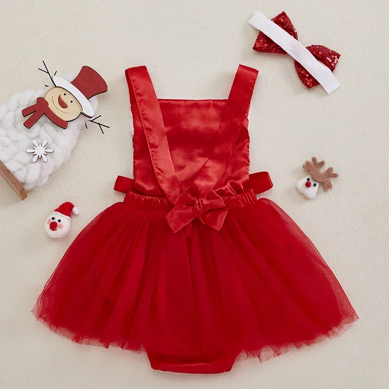 Newborn Christmas Clothes Baby Girls Casual Rompers Sequins Letter/Heart Print Tulle Jumpsuits Headband Xmas Gifts Outfits