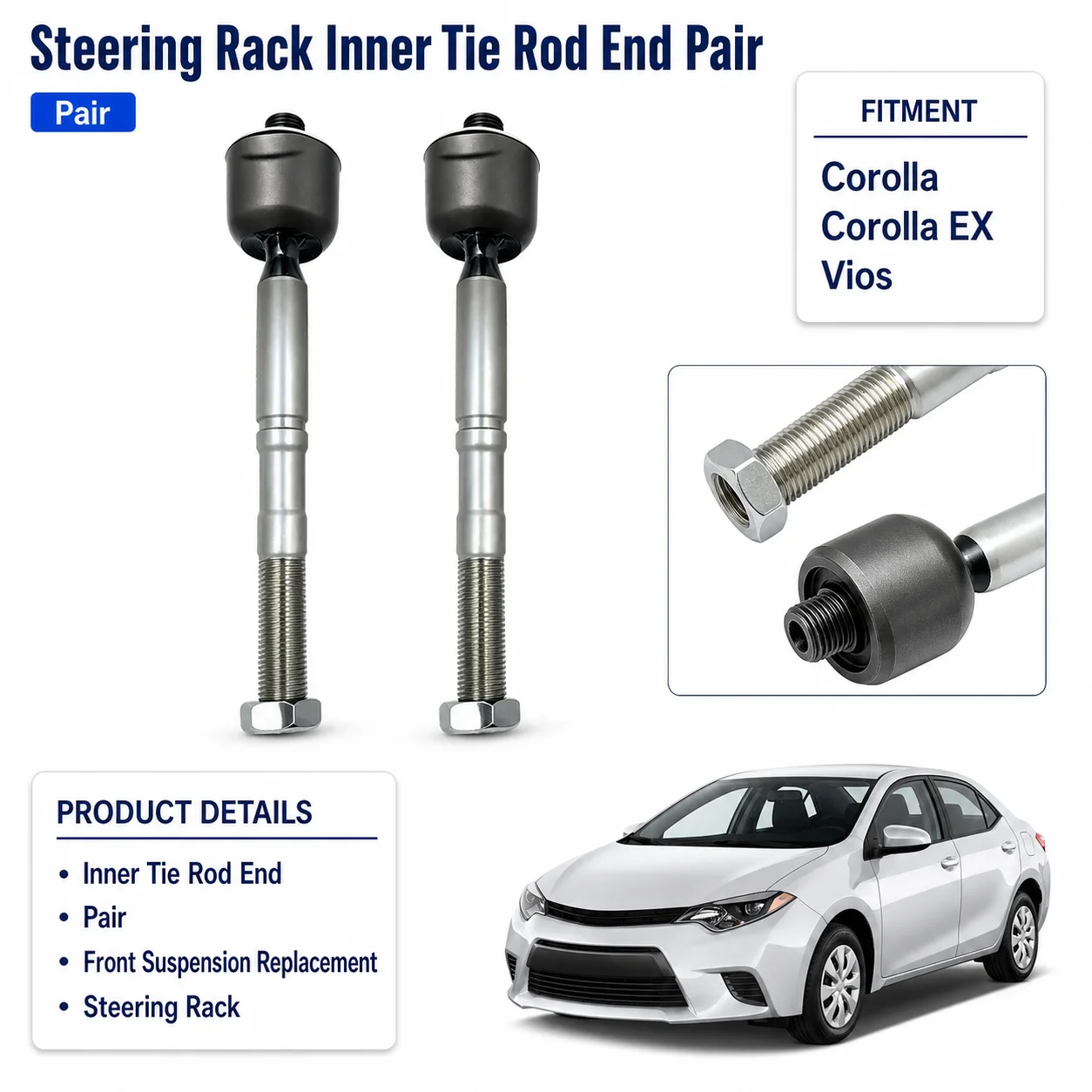 Steering Rack Inner Tie Rod End Pair for Toyota Corolla, Corolla EX and Vios Front Suspension Replacement Inner Ball