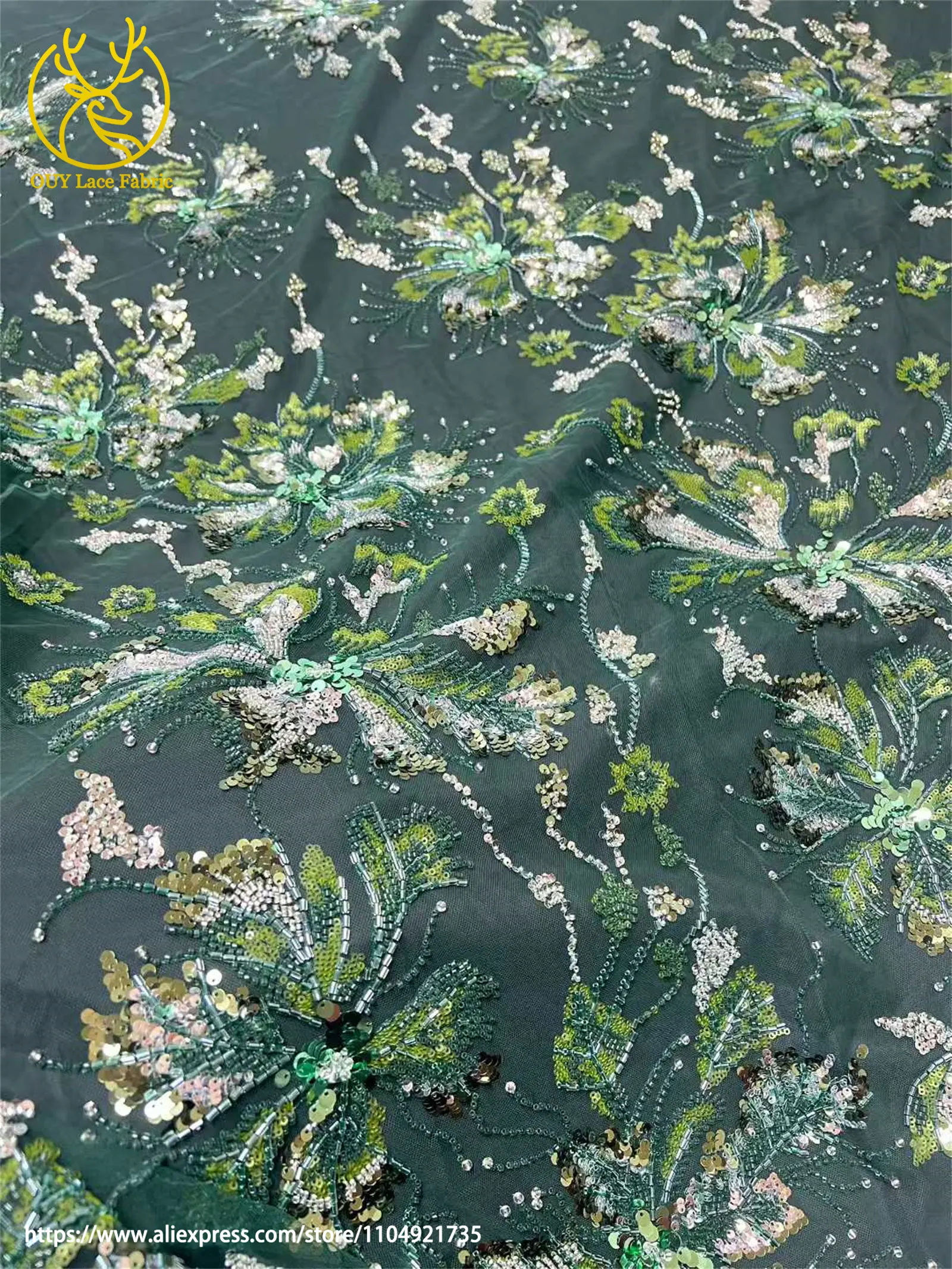 Afrikanischer Netz-Stickerei-Pailletten-Spitzenstoff 2026 Luxuriöser Französischer Tüll Perlenbesetzter Stoff für Damen-Partykleider Nähstoff 5 Yards – Detail 10