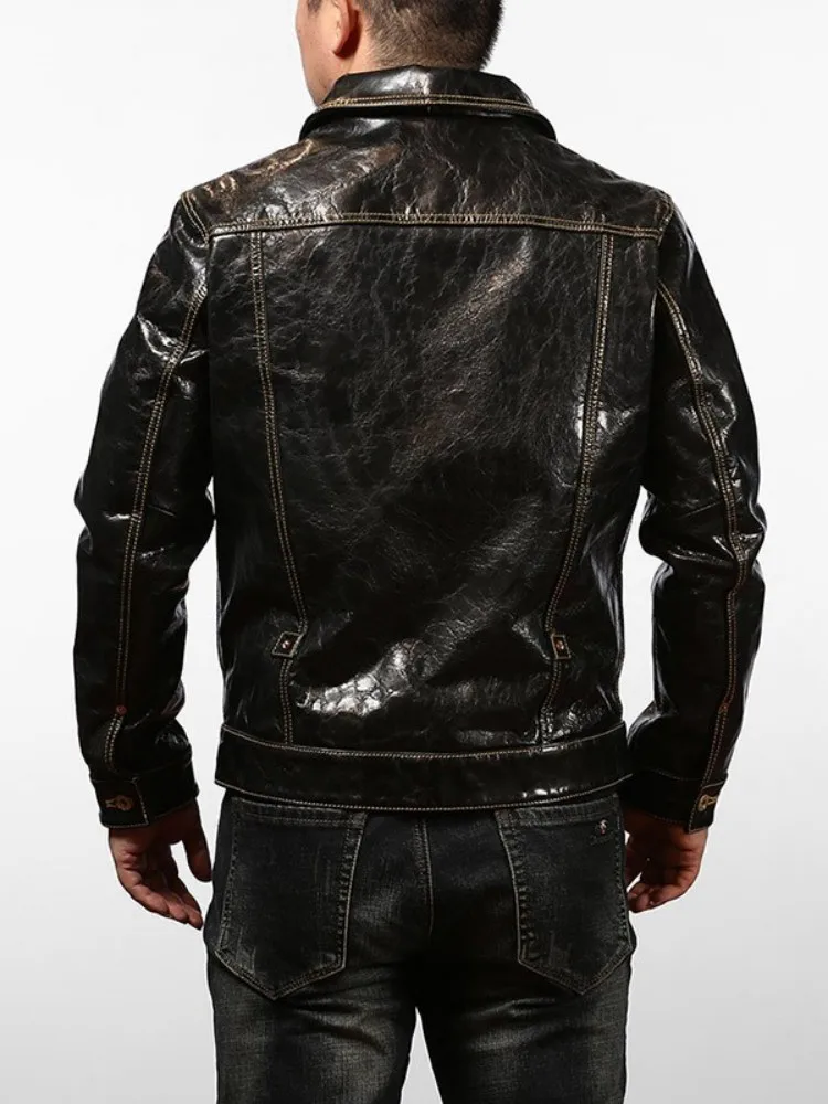 Punk Motorcycle Biker Genuine Leather Jacket Men Single Breasted Vintage Cowboy Cowhide Short Coat Street Casual Outerwear Male