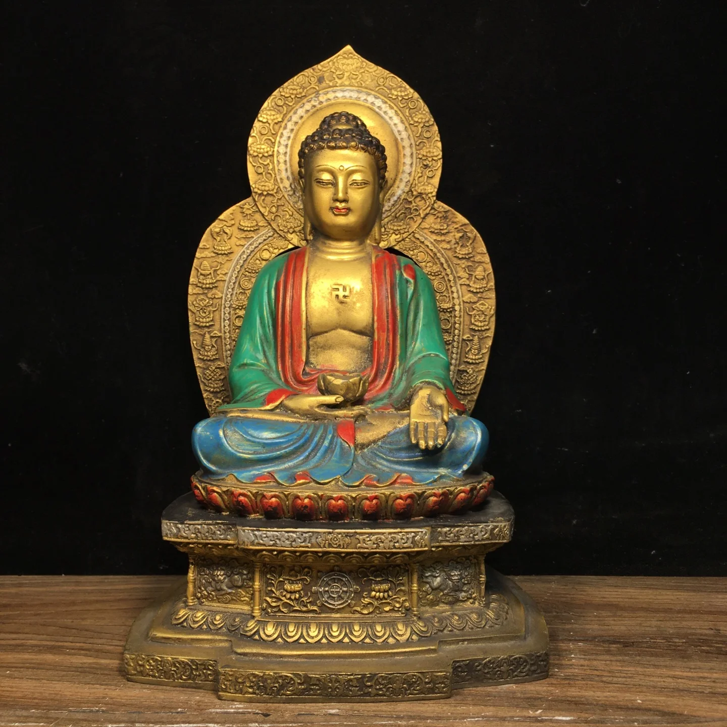 

11"Tibetan Temple Collection Old Bronze Painted Gilded Shakyamuni Buddha Amitabha Buddha Platform Buddhist Niche Worship Hall