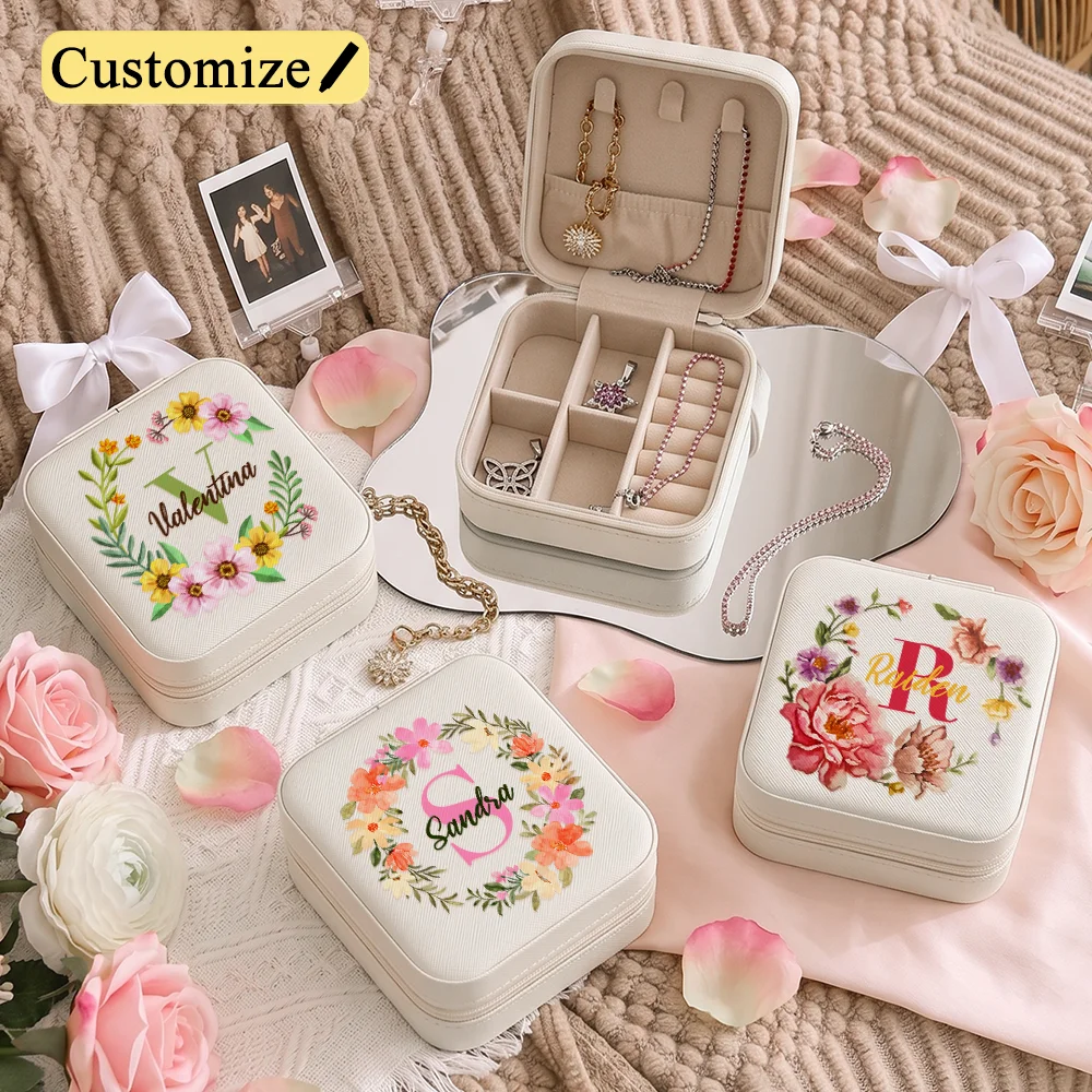 Personalized Floral Leather Travel Jewelry Case,Custom Travel Jewelry Box,Gifts for Her,Christmas Gifts,Bridesmaid Gift