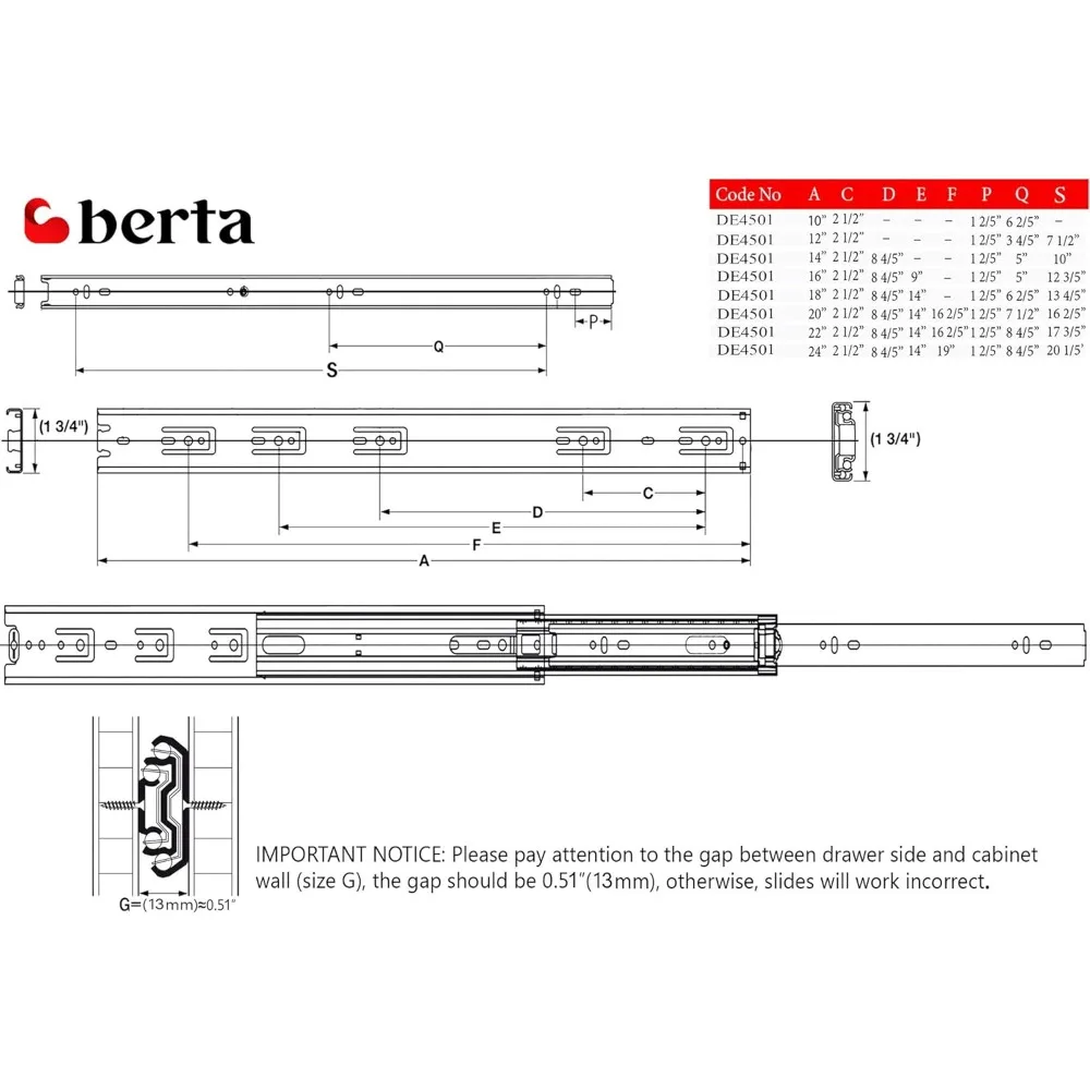 شرائح محمل كروي كاملة التمديد مقاس 24 بوصة من الفولاذ شديد التحمل، سعة تحميل 100 رطل، حامل جانبي، 10 أزواج