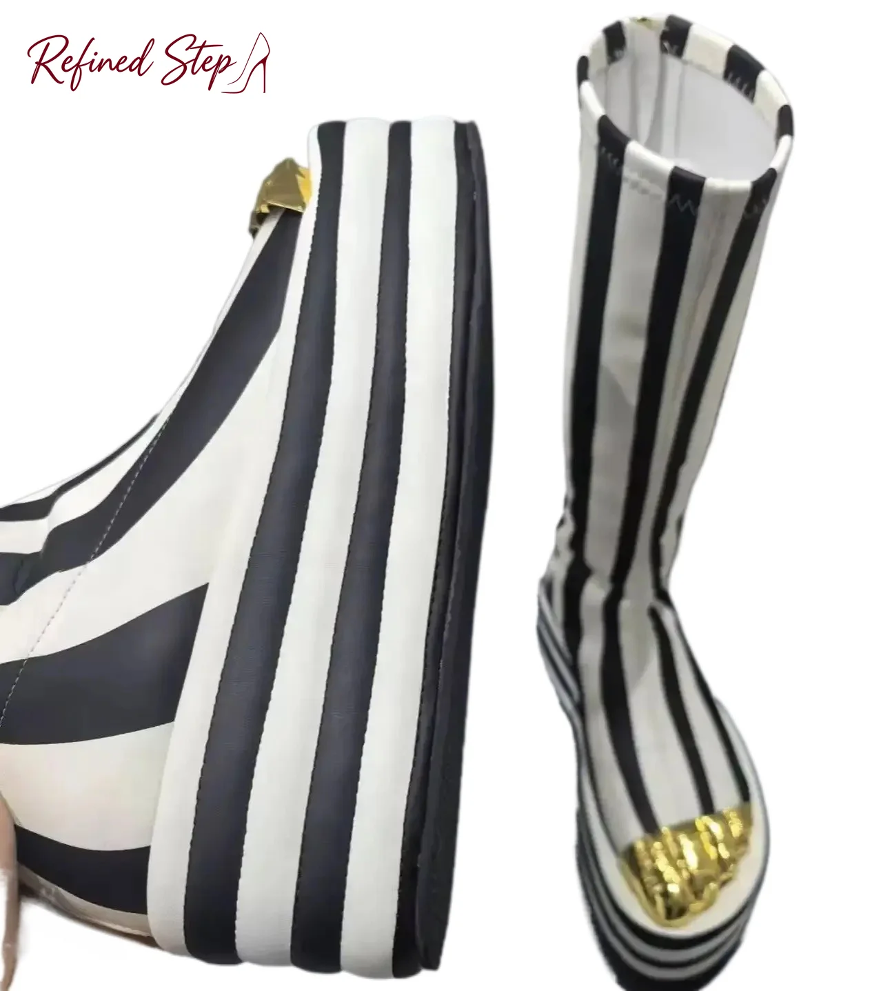 Black And White Stripes Cloth Stretch Boots For Women Golden Five Fingers Botas Femininas Stripe Back Zipper Flat High Heels