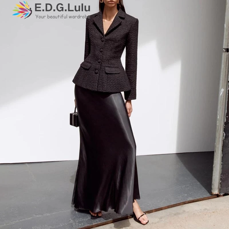 

EDGLuLu Two Piece Set Woman Turn-Down Collar Single Breasted Suit Jacket+High Waisted Long Fishtail Skirt Black Suit 0829