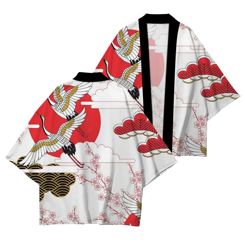 Japanese traditional clothing High quality casual loose kimono Wave red sun pattern printed summer UV protection kimono XXS-4XL