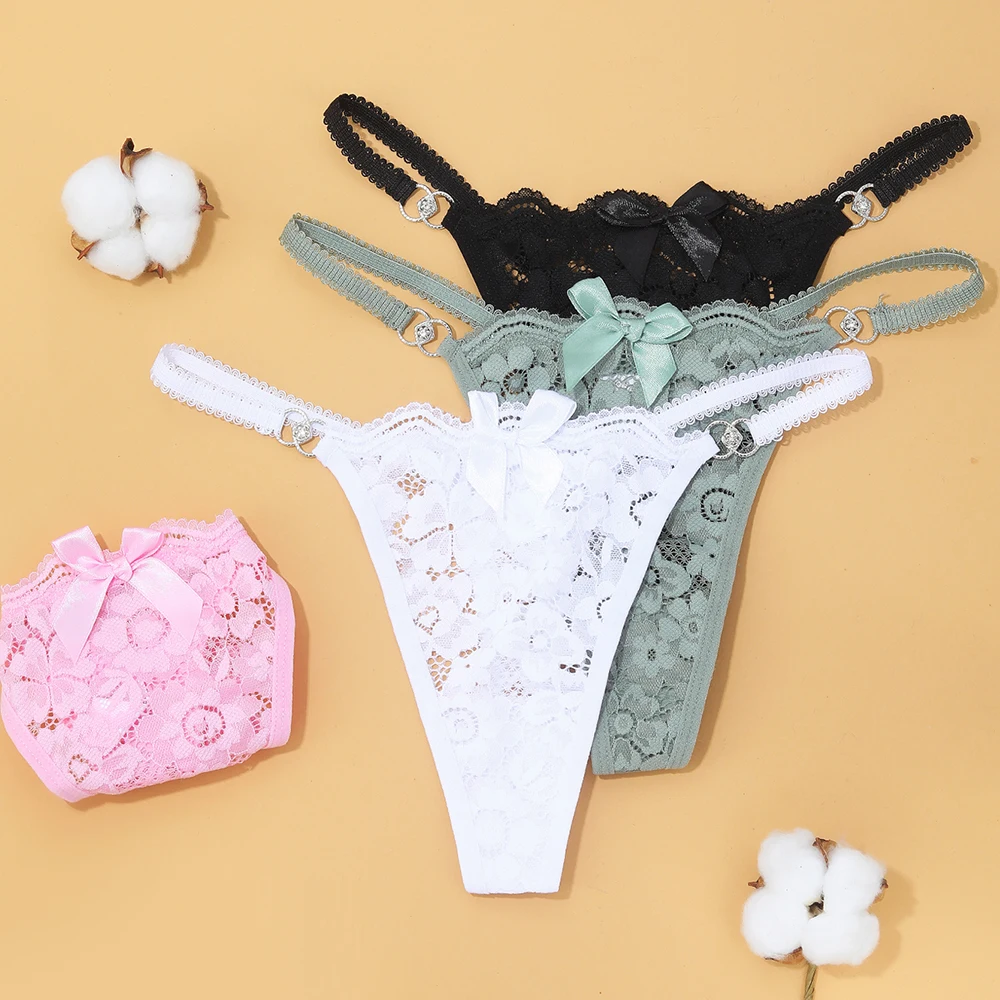 VKME Sexy Lace Flower Translucent Thongs Panties Women\'s Low rise Bowknot Intimate Underwear  Pants G-String Briefs Underspans