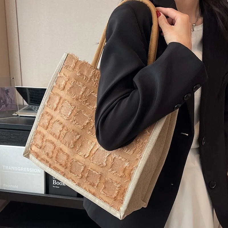 

Large-capacity Tote Bag Female 2024 New Commuter Mummy Bag Women College Student Bags Linen Cloth Lattice Shoulder Bag