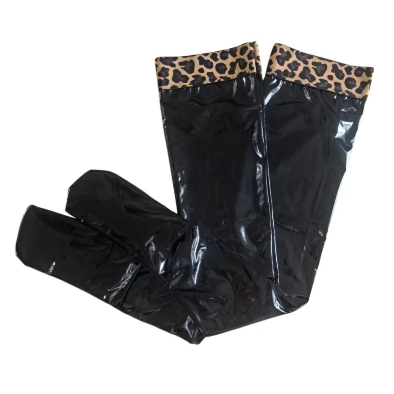 Heiße, sexy, glänzende Kunstleder-Strümpfe im Gothic-Leoparden-Stil, kniehohe Strümpfe für Damen, Cosplay, Show, Clubwear, lange Strümpfe