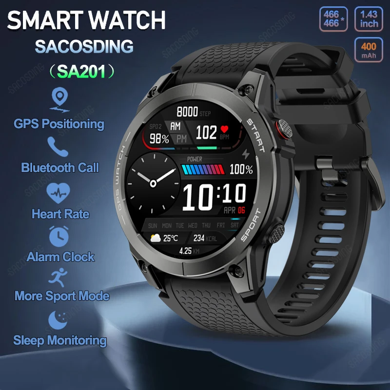 

SACOSDING SA201 GPS Smart Watch Men 466*466 AMOLED Display Bluetooth Call Sport IP68 Waterproof Smartwatch For Men Clock Fitness