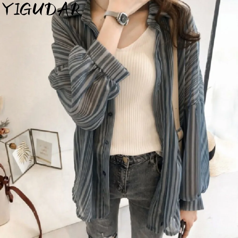 Sunscreen clothing for women summer Korean version student stripe loose and comfortable bf Long sleeved Thin coat Chiffon Blouse