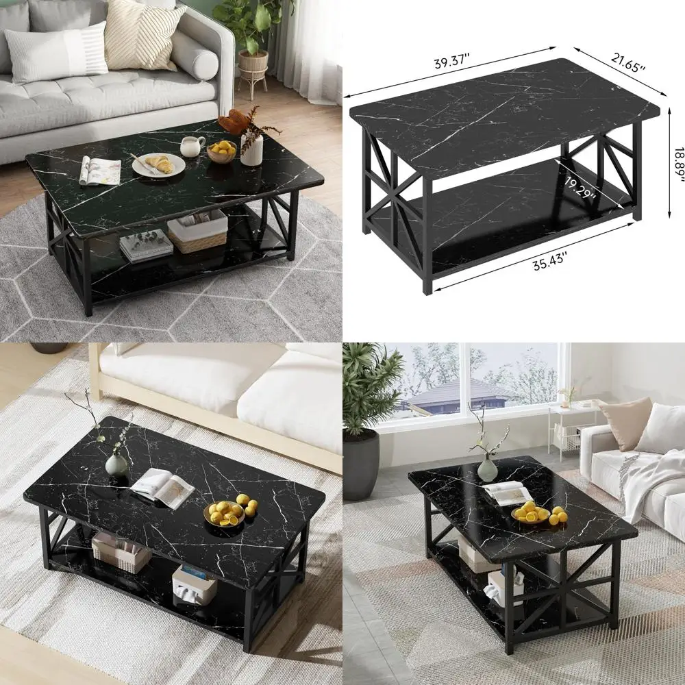 

Faux Marble Coffee Table for Living Room,Modern 2-Tier Coffee Table with Storage,Rectangular Center Table for Sofa,Sturdy F