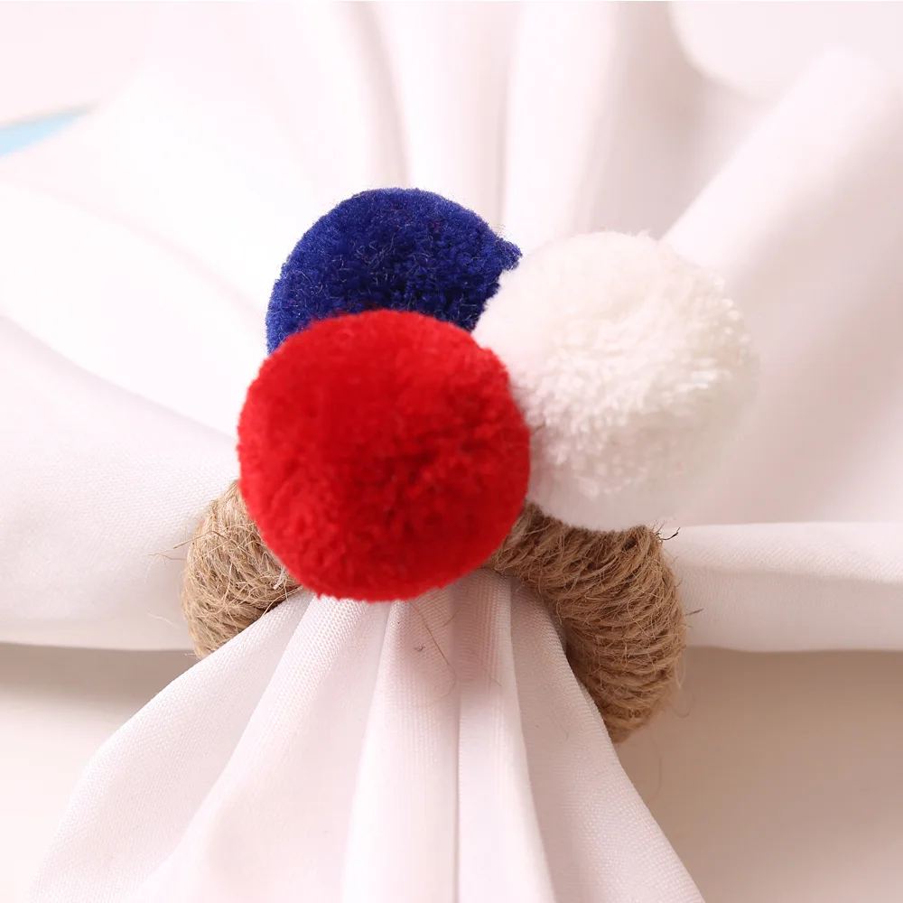 6Pcs Red Blue White Hair Ball Napkin Ring Holder For Patriotic Independence Day 4th of July Memorial Day Table Decoation